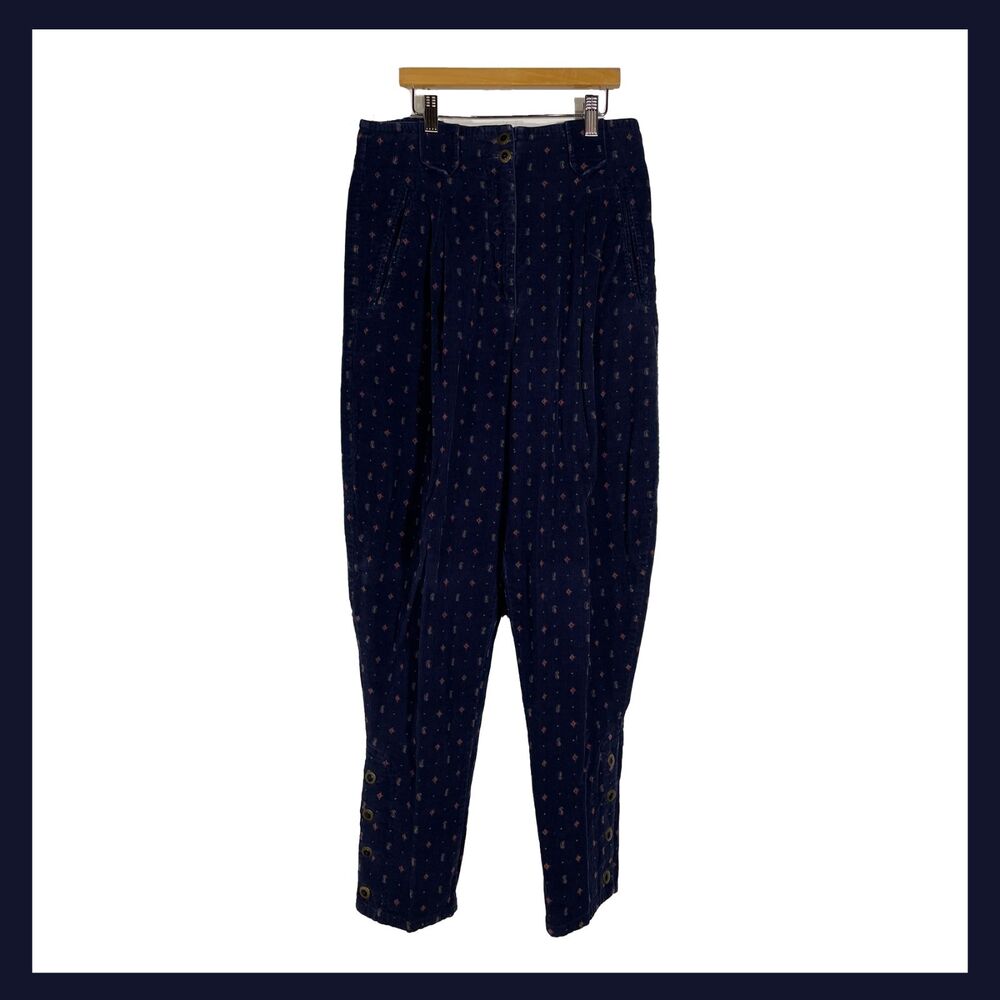 Vintage Corduroy Pants Navy Ditsy Print High Waist Button Leg 80s 90s Boho